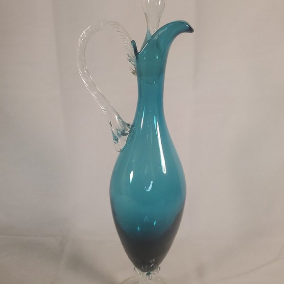 Vintage MCM Italy Empoli Turquoise Blue 14” Ewer Decanter Chipped Stopper RARE - Picture 3 of 16
